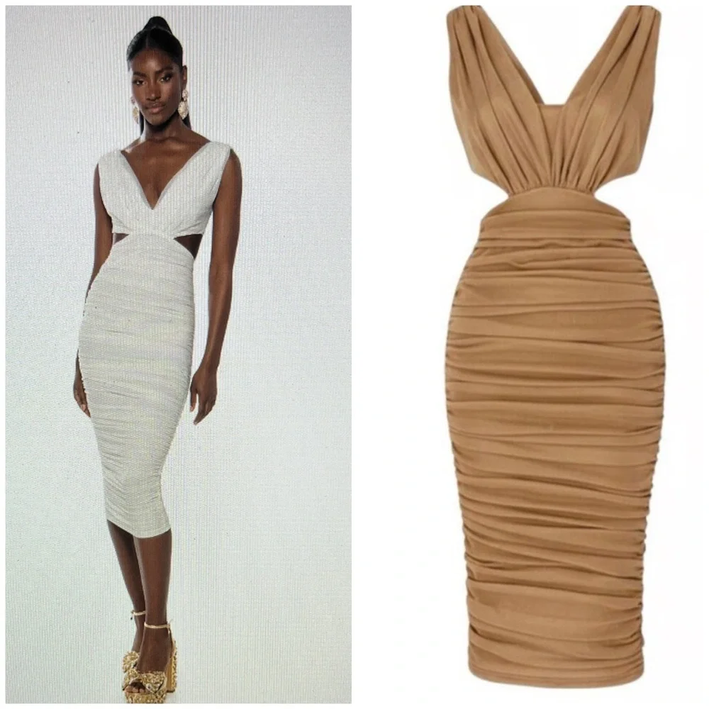 NEW! AKIRA ALWAYS A SLAY THIS WAY LOW V NECK MIDI DRESS in LIGHT BROWN  SIZE L